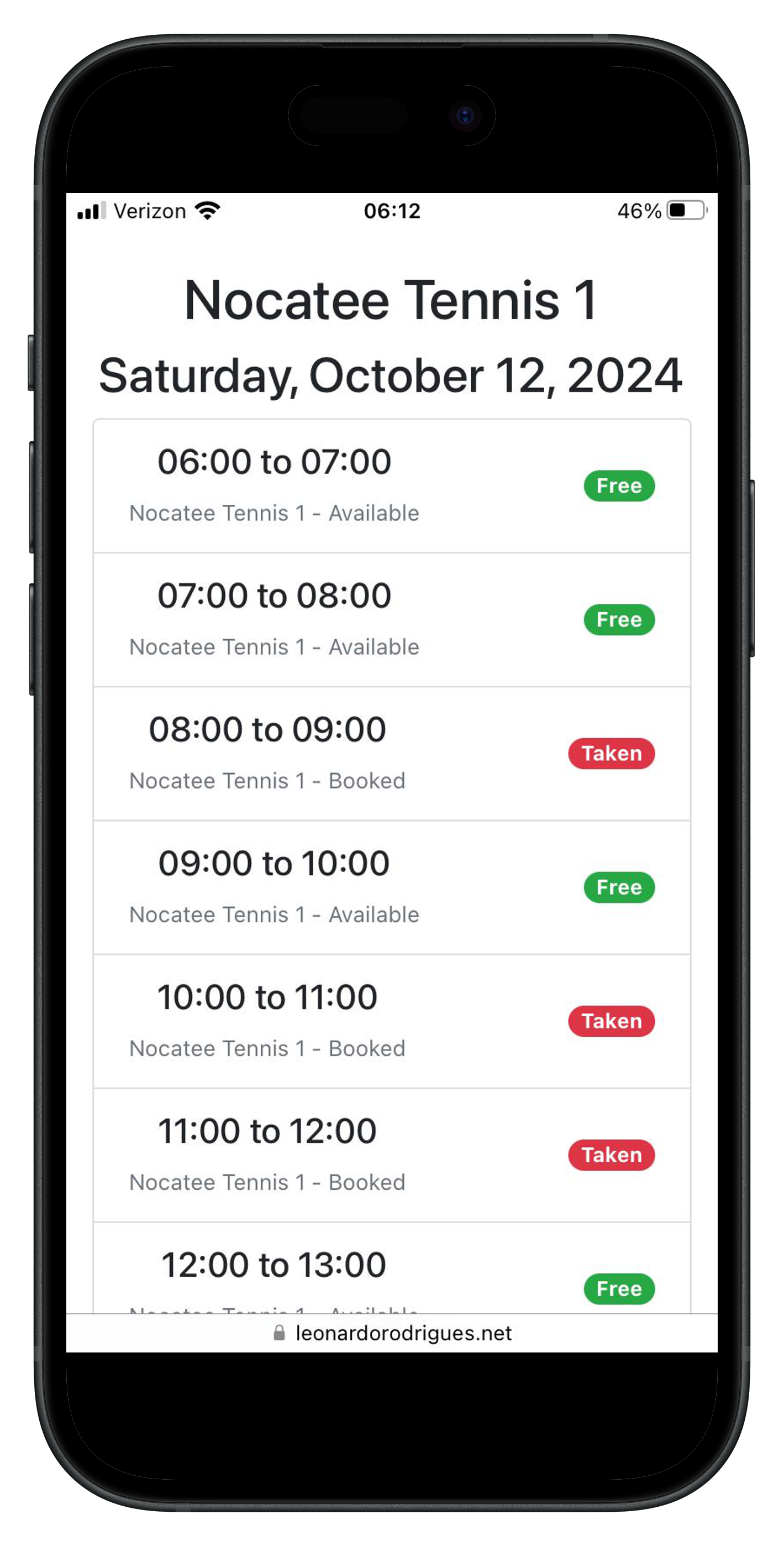 Facility Schedules Page - Prototype for the Nocatee Tennis Courts - Allows you to see which courts are taken or available in a easy format.